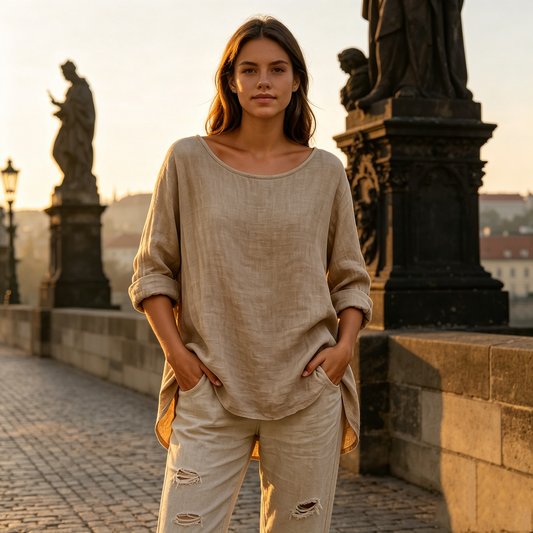 ✨【S–3XL】Stylové bavlněné a lněné tričko s kulatým výstřihem, jednoduché a ležérní, prodyšné a univerzální