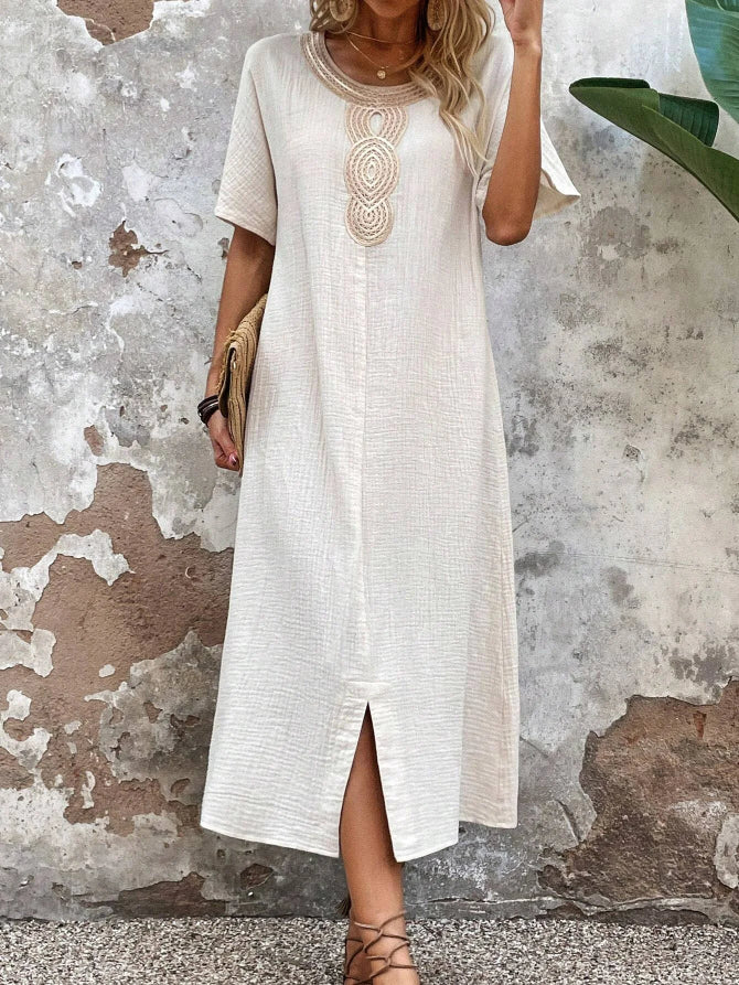 🧚♀️👗【50% popusta 🔥】【S-3XL】💖Ljetna lepršava ženska haljina s okruglim izrezom, čipkom, kratkim rukavima, od čiste pamuka i lana, s prorezom i opuštenim krojem