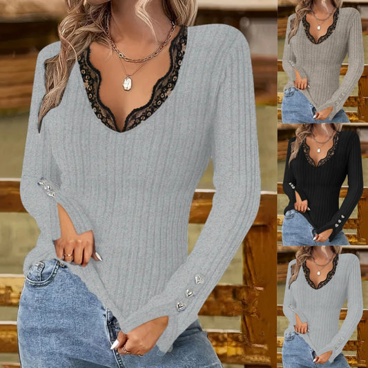 🔥【M-5XL】Νέο εφαρμοστό τοπ με V λαιμόκοψη και δαντέλα, μοντέρνο και άνετο