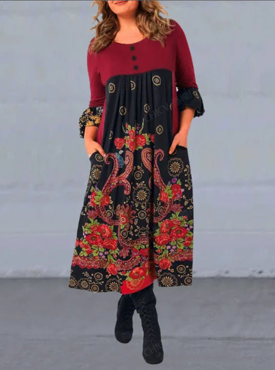 ⏳ Último día – 50% de descuento【S-5XL】👗Nuevo vestido casual de manga larga con estampado retro para otoño/invierno