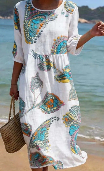 👚 Nowość -50%【S-4XL】Letnia lniano-bawelniana sukienka z nadrukiem, przewiewna i wygodna, dopasowany i uniwersalny krój