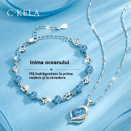 ✨💎Komplet narukvice i ogrlice od 925 sterling srebra, uzorak oceanskog srca, ukrašen malim dijamantima, jedinstven, sofisticiran i elegantan.