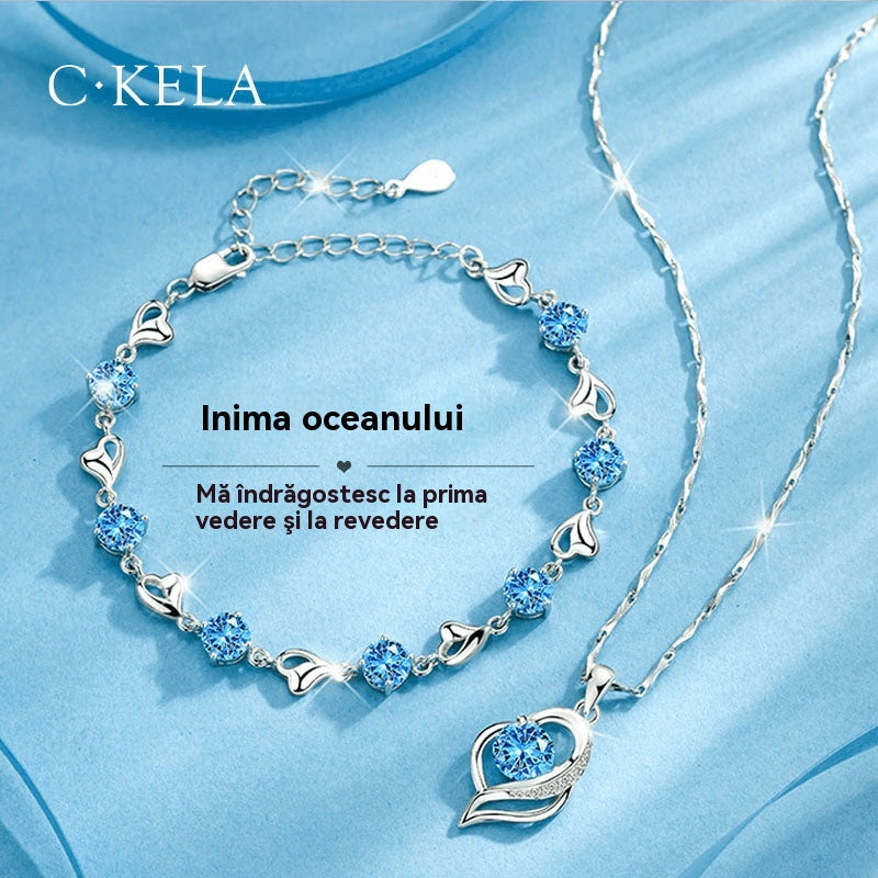 ✨💎Komplet narukvice i ogrlice od 925 sterling srebra, uzorak oceanskog srca, ukrašen malim dijamantima, jedinstven, sofisticiran i elegantan.