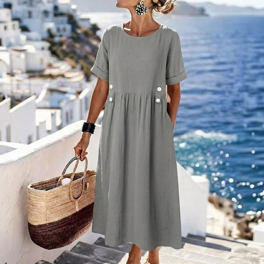 👗【M-3XL】Nowa sukienka z bawełny i lnu z okrągłym dekoltem, przewiewna i wygodna, dopasowany krój wyszczuplający sylwetkę