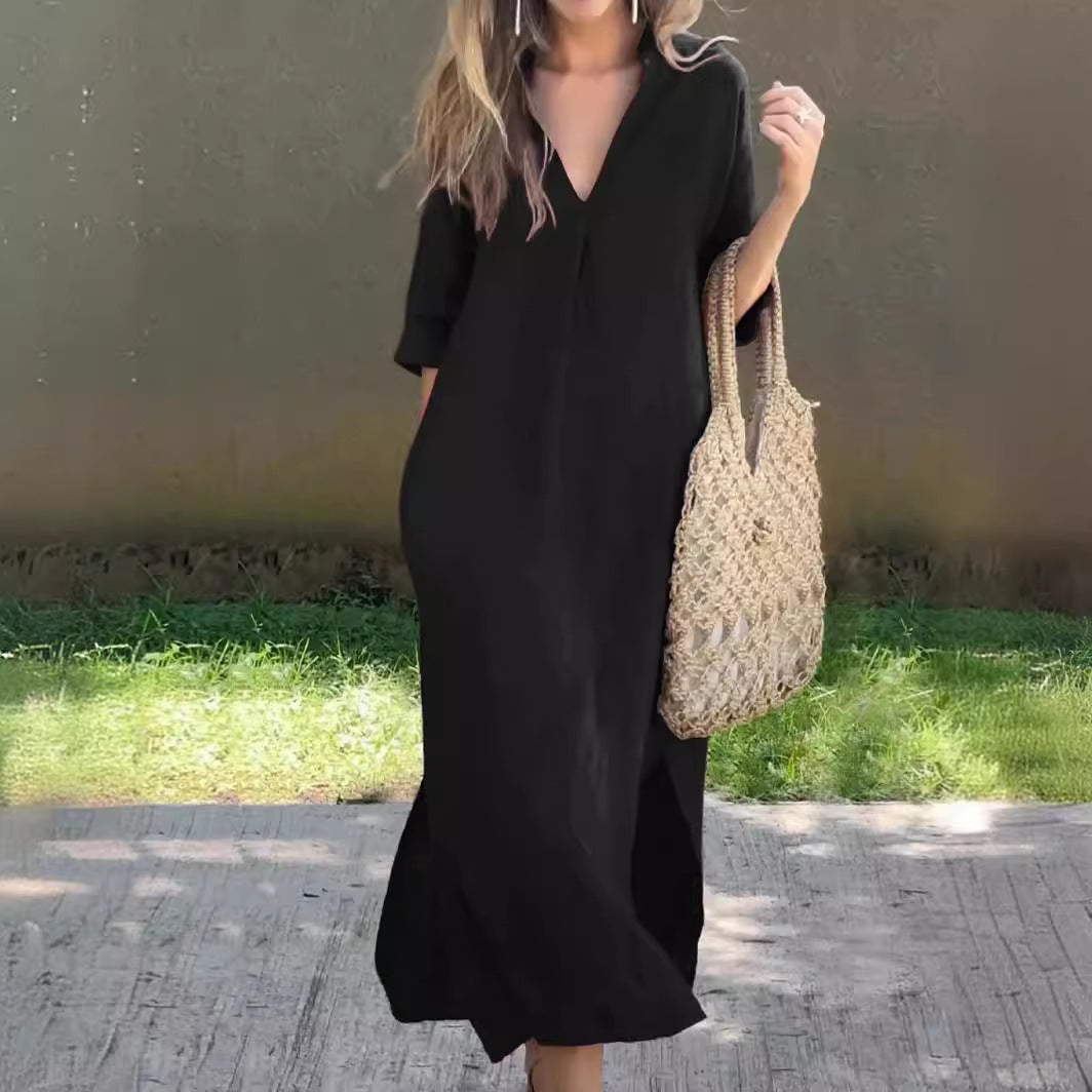 🌿💃【S–3XL】Duga haljina od lana s V-izrezom i prorezima, udobna i lagana za ljeto