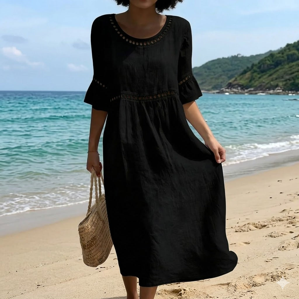 ✨Platba na dobírku【S–3XL】Dámské přiléhavé šaty z bavlny a lnu s kulatým výstřihem, s balónovými rukávy, prodyšné a měkké, pohodlné na nošení