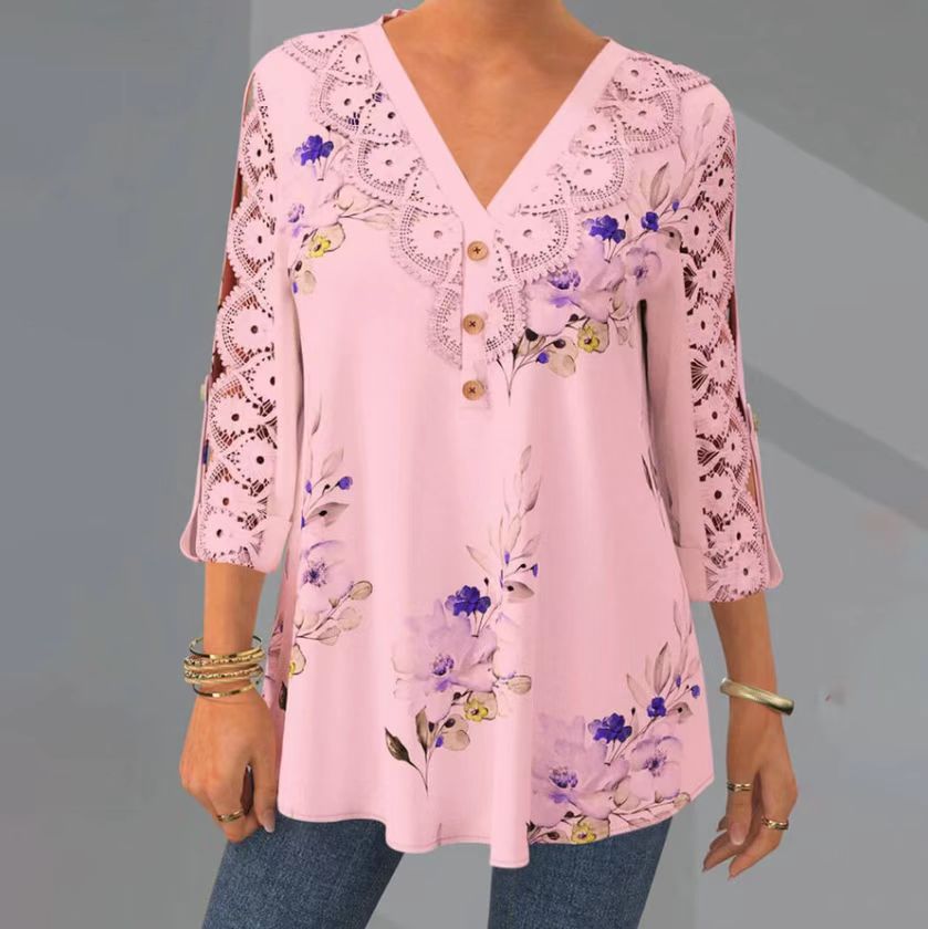 🔥 Poslední den sleva 50 %【M–5XL】Módní dámské tištěné tričko s krátkým rukávem s výstřihem do V, děrovaným a prodyšným designem