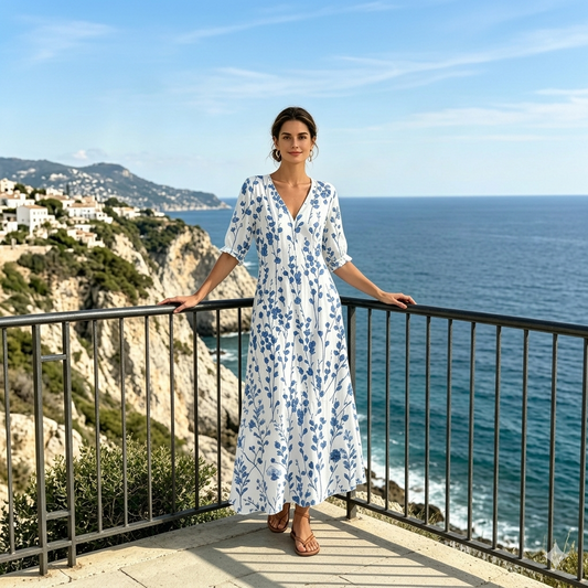 👗【S-3XL】 Letní módní šaty s výstřihem do V a potiskem, prodyšné, pohodlné a zeštíhlující