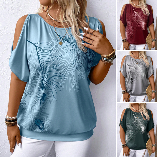⏳ Časově omezená nabídka 💖【S-2XL】Volný ležérní top s kulatým výstřihem a odhalenými rameny, módní potisk, snadné kombinování