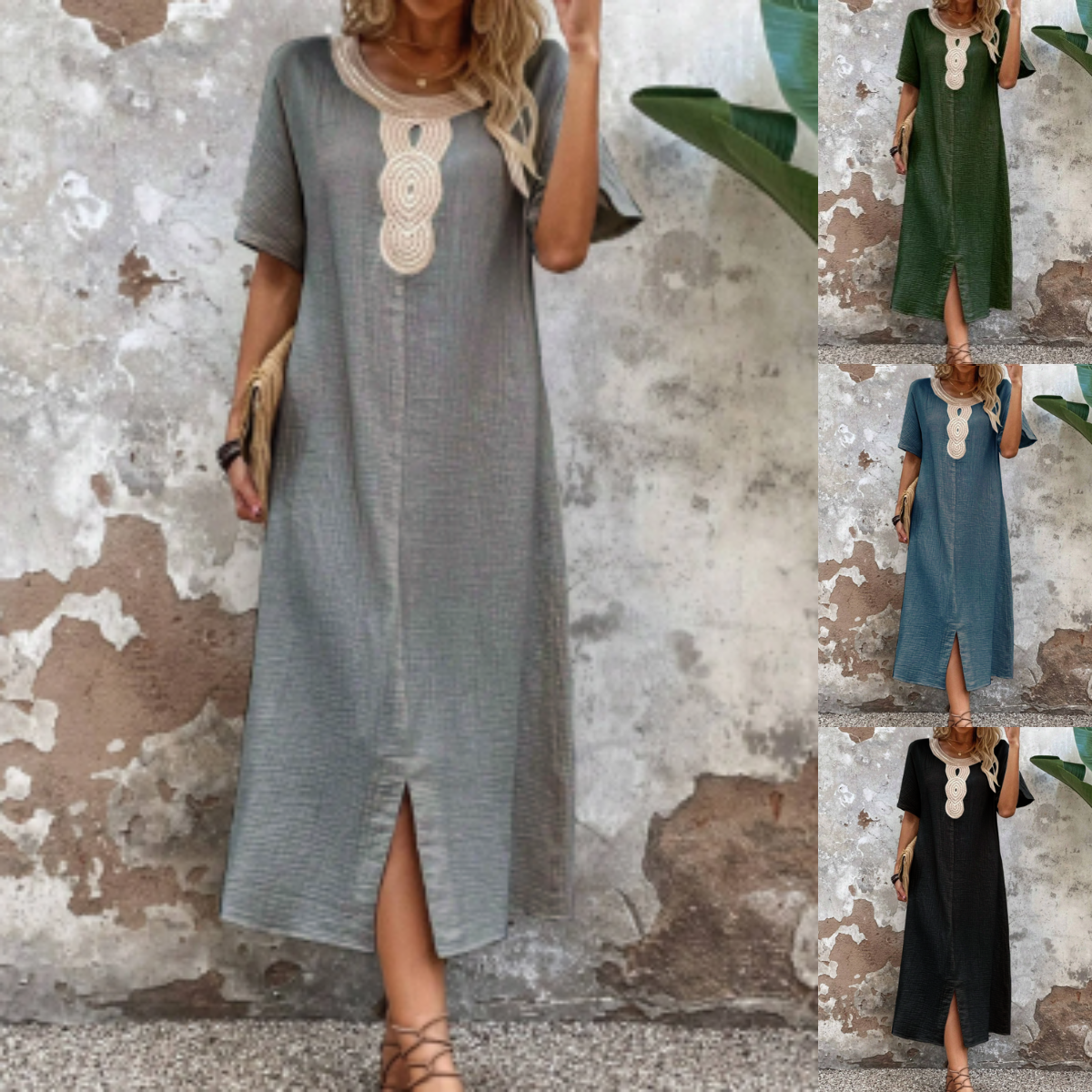 🧚♀️👗【50% popusta 🔥】【S-3XL】💖Ljetna lepršava ženska haljina s okruglim izrezom, čipkom, kratkim rukavima, od čiste pamuka i lana, s prorezom i opuštenim krojem