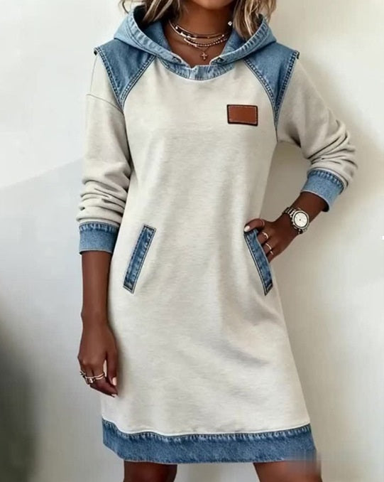 š„ćMĆ”s vendidoćNuevo vestido vaquero patchwork de invierno con capucha