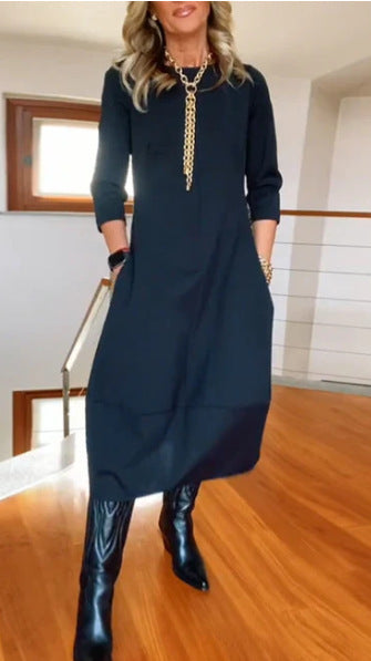 Ostatni dzień – 50% zniżki👗 【S-5XL】Elegancka jednokolorowa sukienka z długim rękawem, wygodna i praktyczna do codziennego noszenia