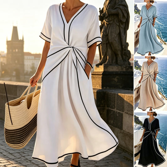✨ Poslední den slevy 50 %!【S-3XL】Letní pohodlné a elegantní lněno-bavlněné šaty s výstřihem do V, prodyšné a snadno kombinovatelné.