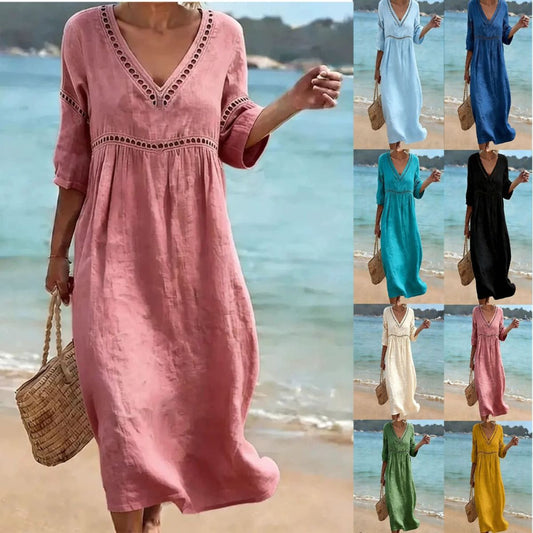 👗【S-3XL】Letnia modna sukienka z bawełny i lnu z dekoltem w serek, przewiewna, wygodna i wyszczuplająca.