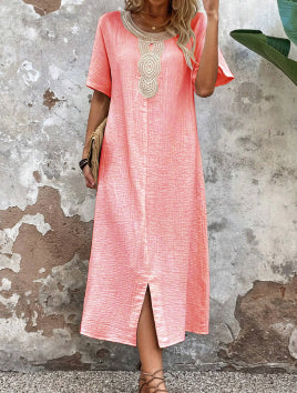 🧚♀️👗【50% popusta 🔥】【S-3XL】💖Ljetna lepršava ženska haljina s okruglim izrezom, čipkom, kratkim rukavima, od čiste pamuka i lana, s prorezom i opuštenim krojem