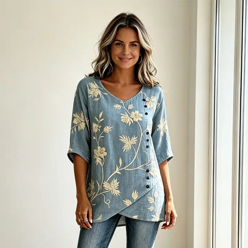 ✨Speciální nabídka na novinku【S-3XL】– Pohodlný letní top z bavlny a lnu s výstřihem do V, lichotivý střih a snadné kombinování.