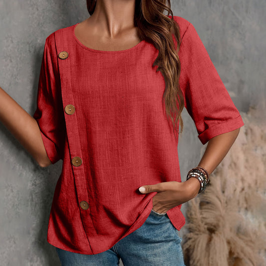 ⏳ 50% zniżki ✨【S-2XL】Nowa letnia wygodna koszulka bawełniano-lniana, przewiewna i nieprzyklejająca się do ciała, z okrągłym dekoltem. 👚