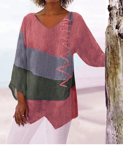 ⏳✨ Utolsó nap – 50% kedvezmény ✨【S~5XL】😍 Női elegáns hétköznapi felső: V-nyakú, hosszú ujjú, művészi mintás nyomat