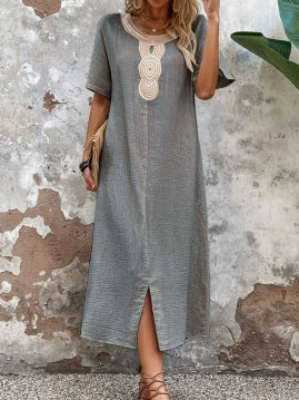 🧚♀️👗【50% popusta 🔥】【S-3XL】💖Ljetna lepršava ženska haljina s okruglim izrezom, čipkom, kratkim rukavima, od čiste pamuka i lana, s prorezom i opuštenim krojem