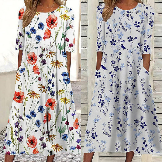 😍 Letní hit【S–3XL】2026 Volné letní šaty s kulatým výstřihem a potiskem, prodyšné, pohodlné a snadno kombinovatelné