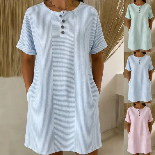 🔥 Poslední den 50% slevy【S-3XL】Nové letní pruhované šaty – lehké, prodyšné a pohodlné, s lichotivým střihem pro štíhlejší vzhled.
