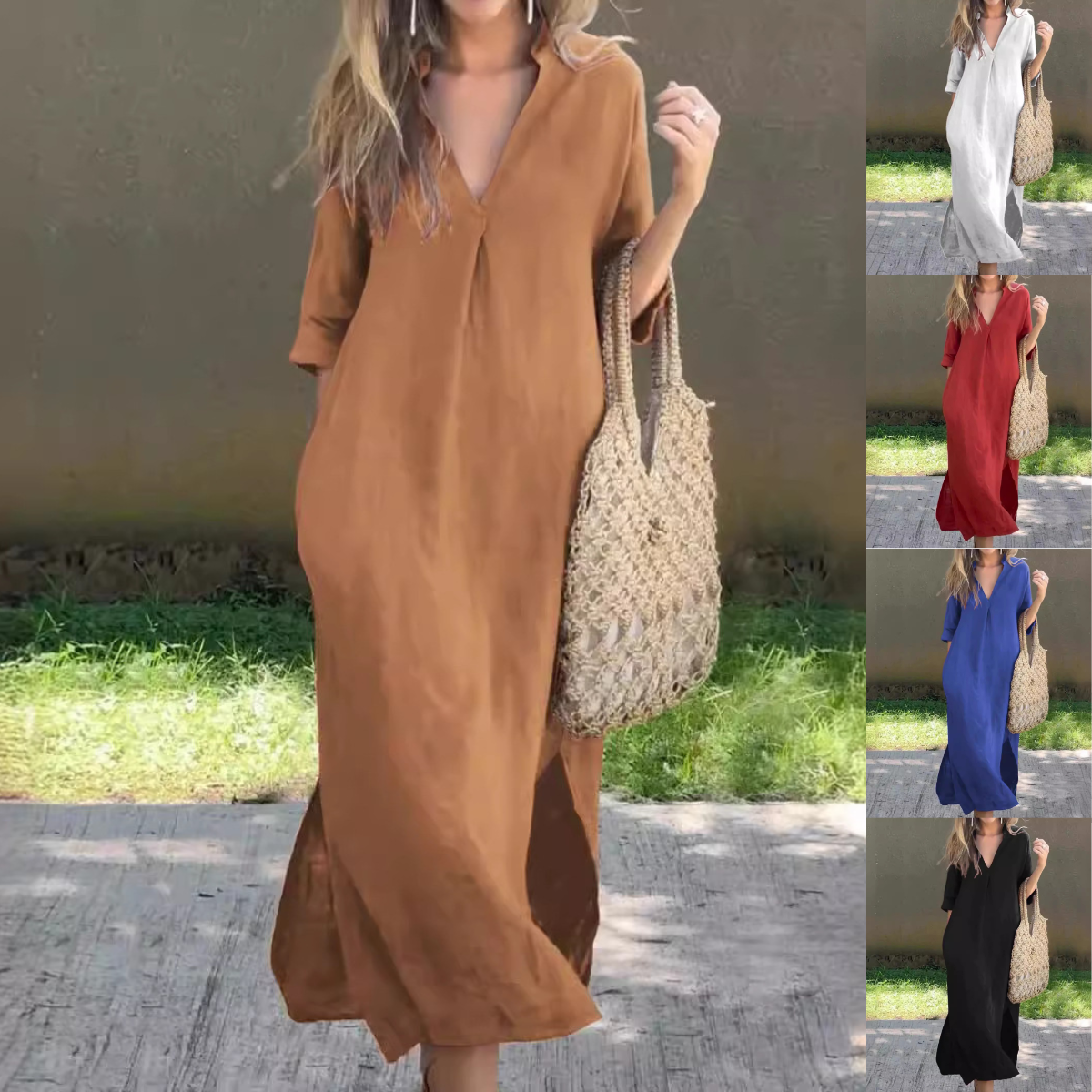 🌿💃【S–3XL】Duga haljina od lana s V-izrezom i prorezima, udobna i lagana za ljeto