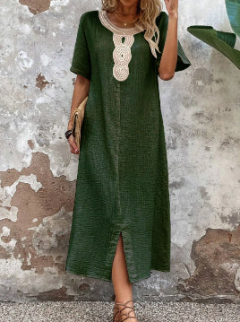🧚♀️👗【50% popusta 🔥】【S-3XL】💖Ljetna lepršava ženska haljina s okruglim izrezom, čipkom, kratkim rukavima, od čiste pamuka i lana, s prorezom i opuštenim krojem