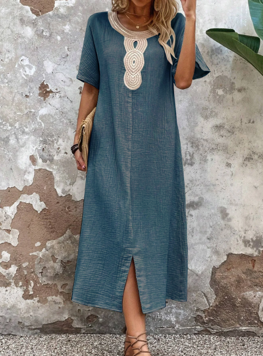 🧚♀️👗【50% popusta 🔥】【S-3XL】💖Ljetna lepršava ženska haljina s okruglim izrezom, čipkom, kratkim rukavima, od čiste pamuka i lana, s prorezom i opuštenim krojem