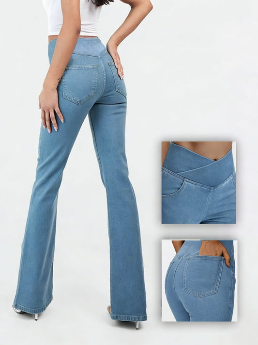 👖💕【XS-4XL】Νέο ψηλόμεσο τζιν παντελόνι με φαρδιά μπάκα και εφαρμοστή γραμμή, ανασηκώνει και τονίζει το σχήμα των γλουτών