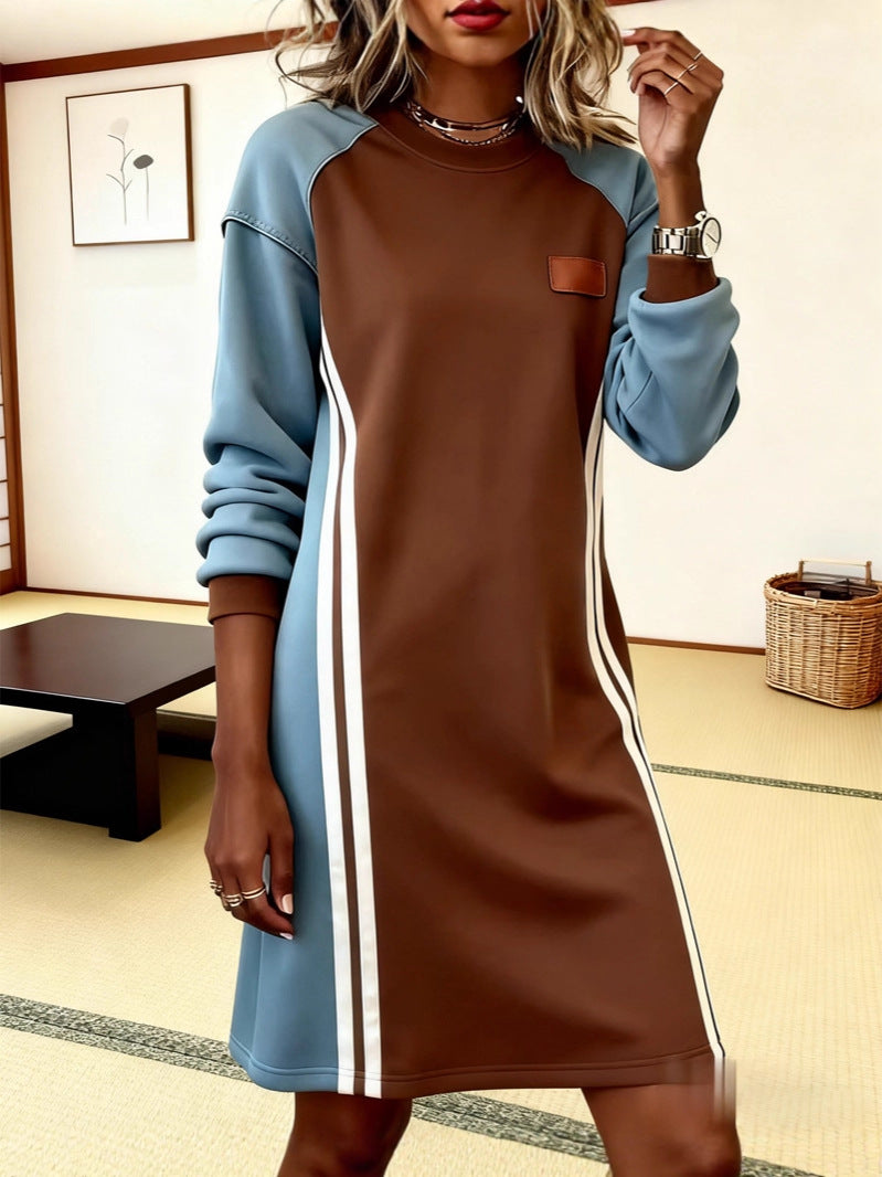 šćS-3XLćZimska ženska moderna haljina s okruglim izrezom, s elementima linija, svestrana i udobna