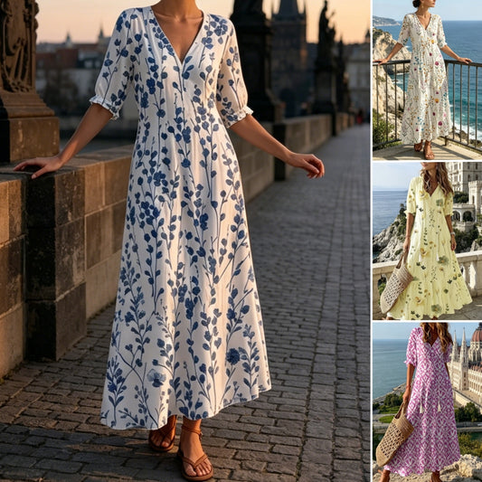 👗【S-3XL】Divatos nyári V-nyakú mintás ruha, légáteresztő, kényelmes és karcsúsító.