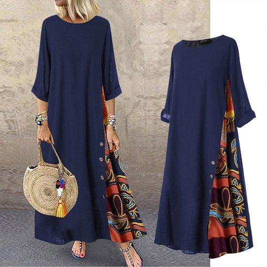 💕 Dobírka【M–5XL】Letní dámské lněno-bavlněné šaty s kontrastním potiskem, prodyšné, pohodlné a snadno kombinovatelné