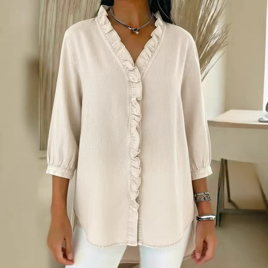 💕【40–100 kg】Nový elegantní dámský ležérní top s výstřihem do V a volánkovým designem,✅️ Platba na dobírku