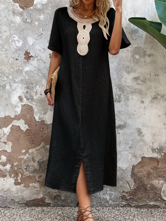 🧚♀️👗【50% popusta 🔥】【S-3XL】💖Ljetna lepršava ženska haljina s okruglim izrezom, čipkom, kratkim rukavima, od čiste pamuka i lana, s prorezom i opuštenim krojem