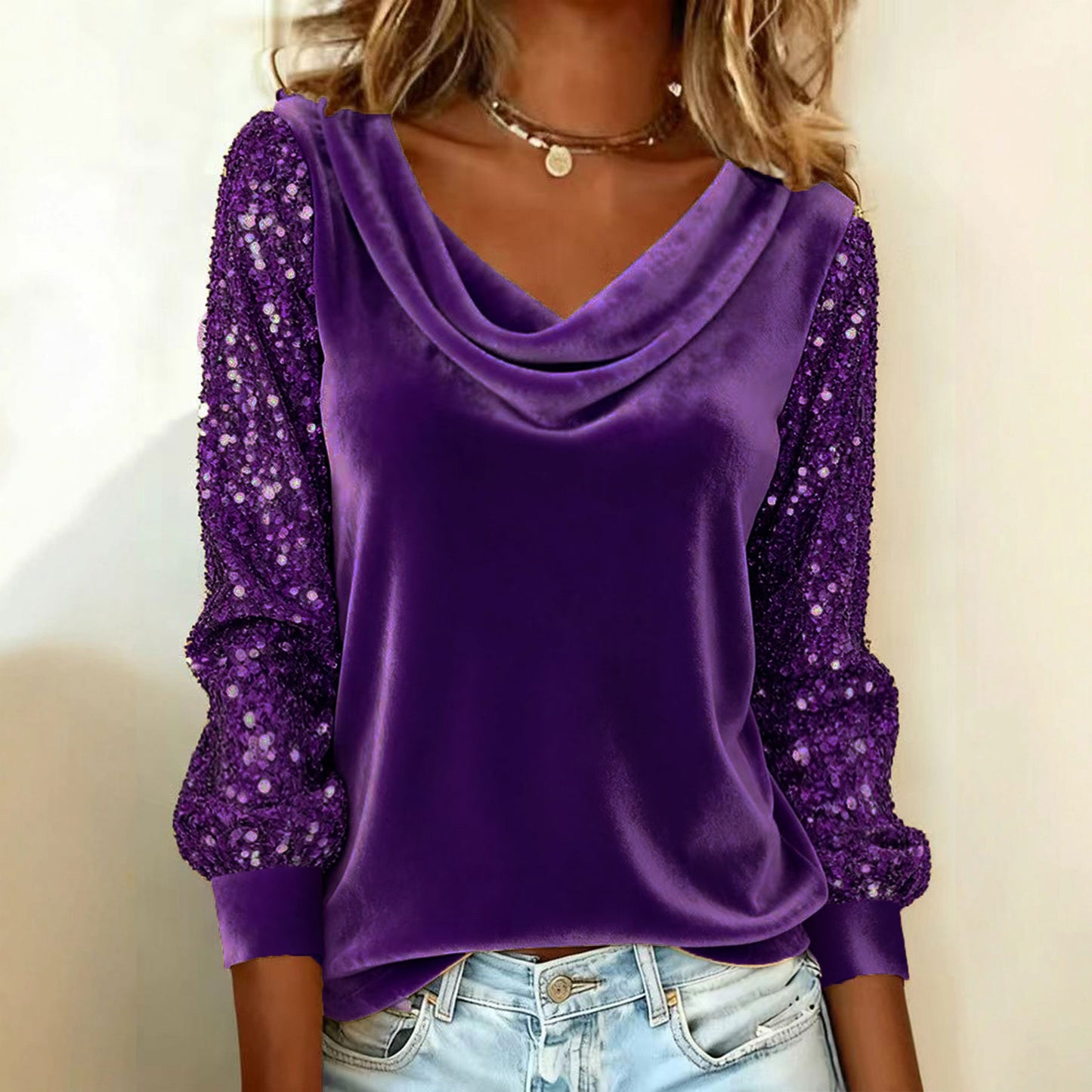 ✨ 【S-3XL】Damska Modna Bluzka z Weluru, Złożonym Kołnierzykiem, Połączona z Strysami, Długim Rękawem