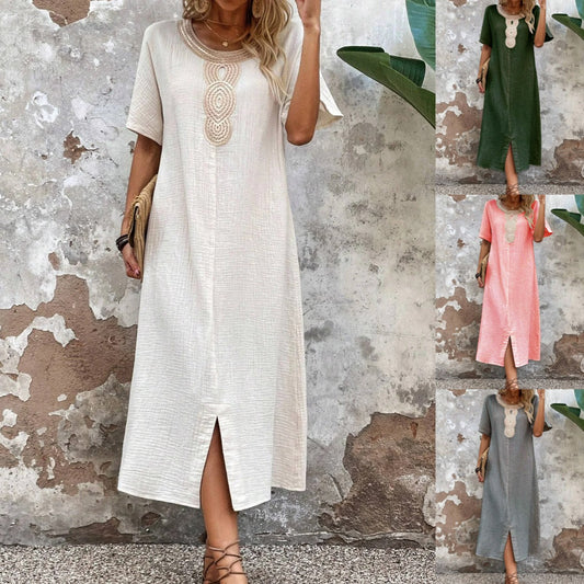 🧚‍♀️👗【50% popusta 🔥】【S-3XL】💖Ljetna lepršava ženska haljina s okruglim izrezom, čipkom, kratkim rukavima, od čiste pamuka i lana, s prorezom i opuštenim krojem