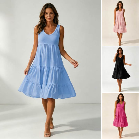 👗【S-5XL】Elegantní letní jednobarevné šaty s kulatým výstřihem, pohodlné a prodyšné, ležérní a módní.