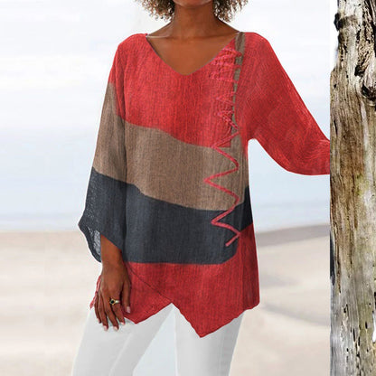 ⏳✨ Utolsó nap – 50% kedvezmény ✨【S~5XL】😍 Női elegáns hétköznapi felső: V-nyakú, hosszú ujjú, művészi mintás nyomat
