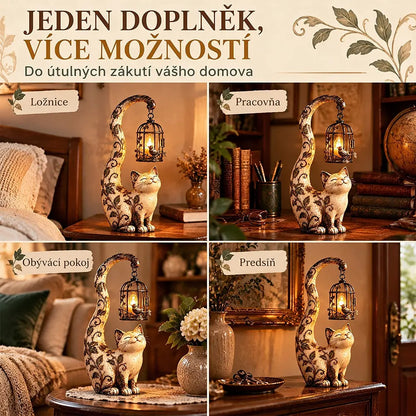 🐱💡Vintage stílusú éjszakai fény – macska madárkalitkával – kreatív kerti dekoráció