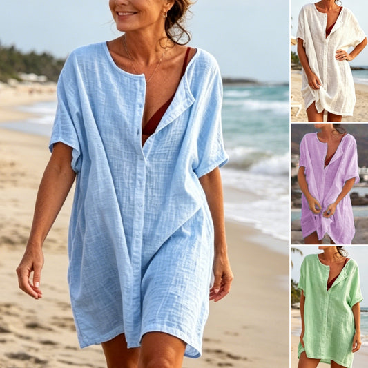 👗【S-8XL】Letní ležérní bavlněno-lněné šaty s kulatým výstřihem, prodyšné, pohodlné a zeštíhlující