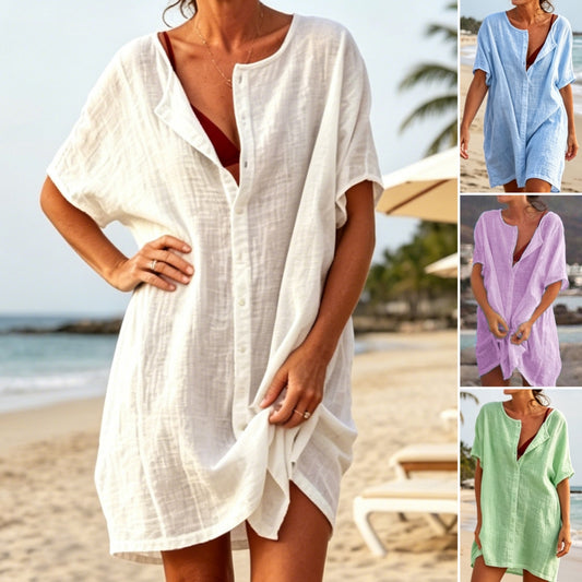 👗【S-8XL】Letní ležérní bavlněno-lněné šaty s kulatým výstřihem, prodyšné, pohodlné a zeštíhlující