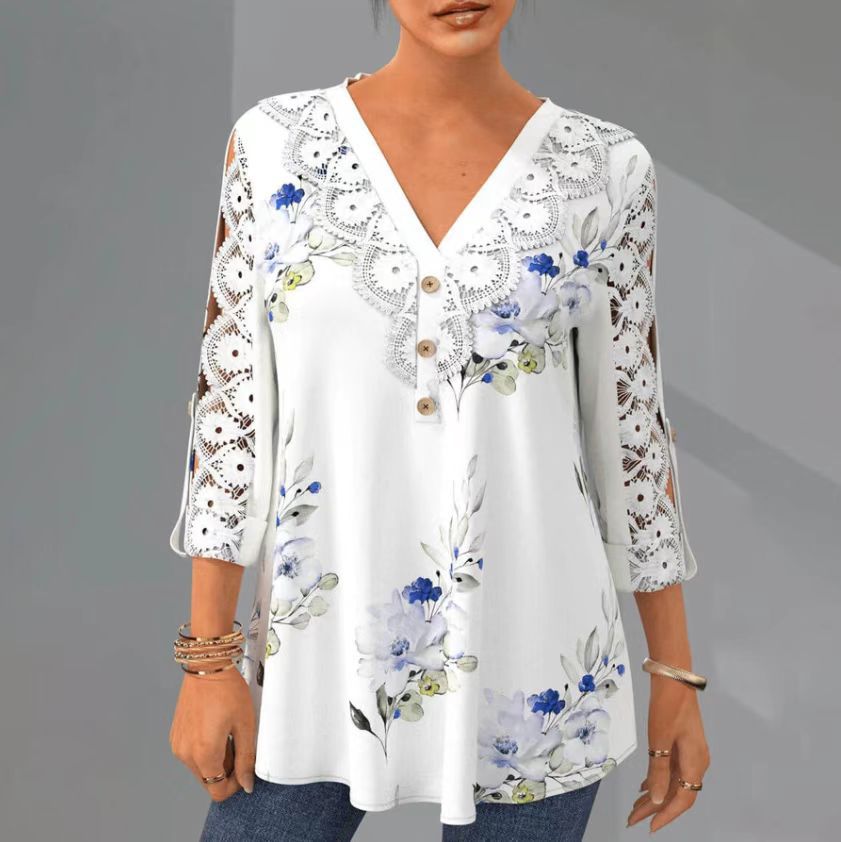 🔥 Poslední den sleva 50 %【M–5XL】Módní dámské tištěné tričko s krátkým rukávem s výstřihem do V, děrovaným a prodyšným designem