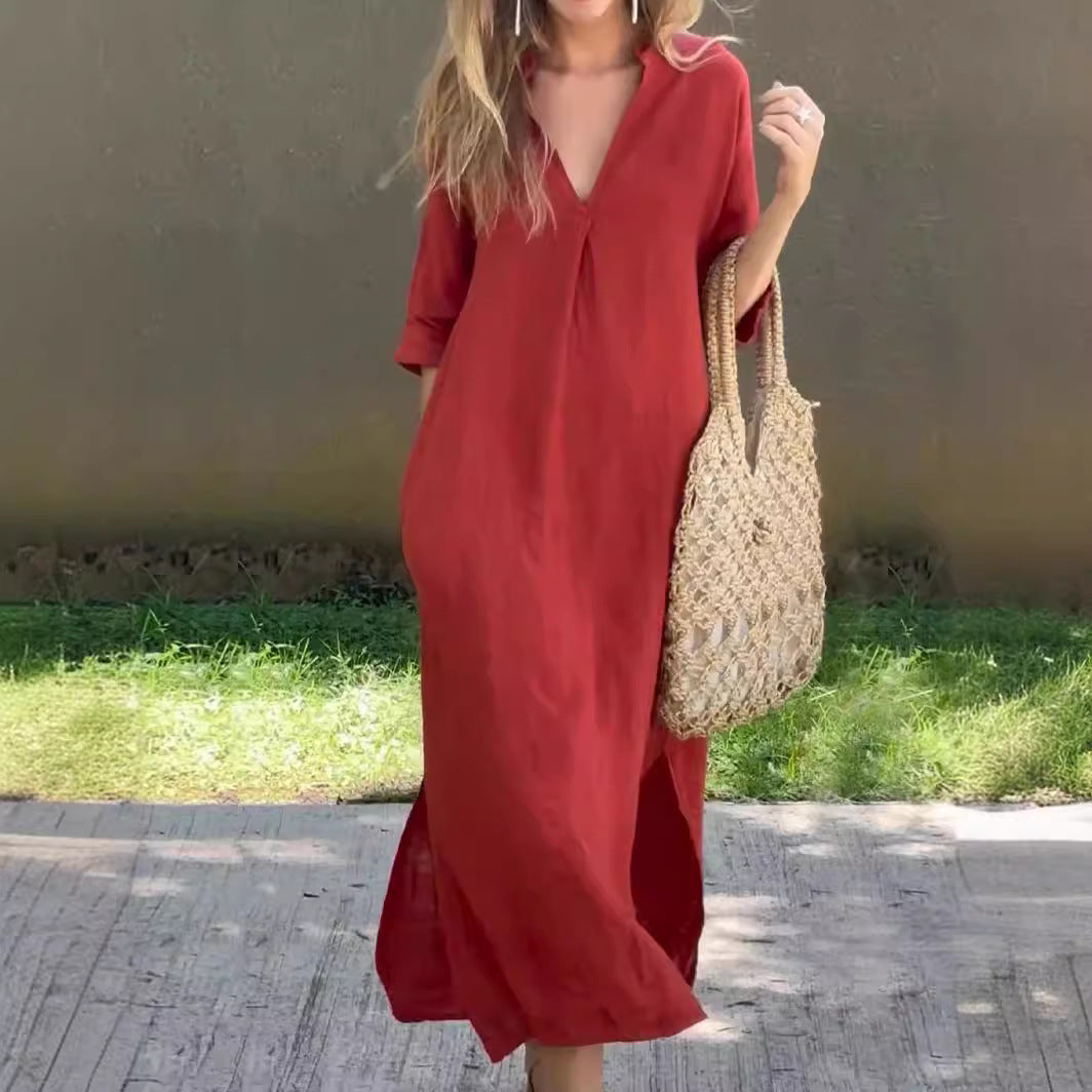 🌿💃【S–3XL】Duga haljina od lana s V-izrezom i prorezima, udobna i lagana za ljeto