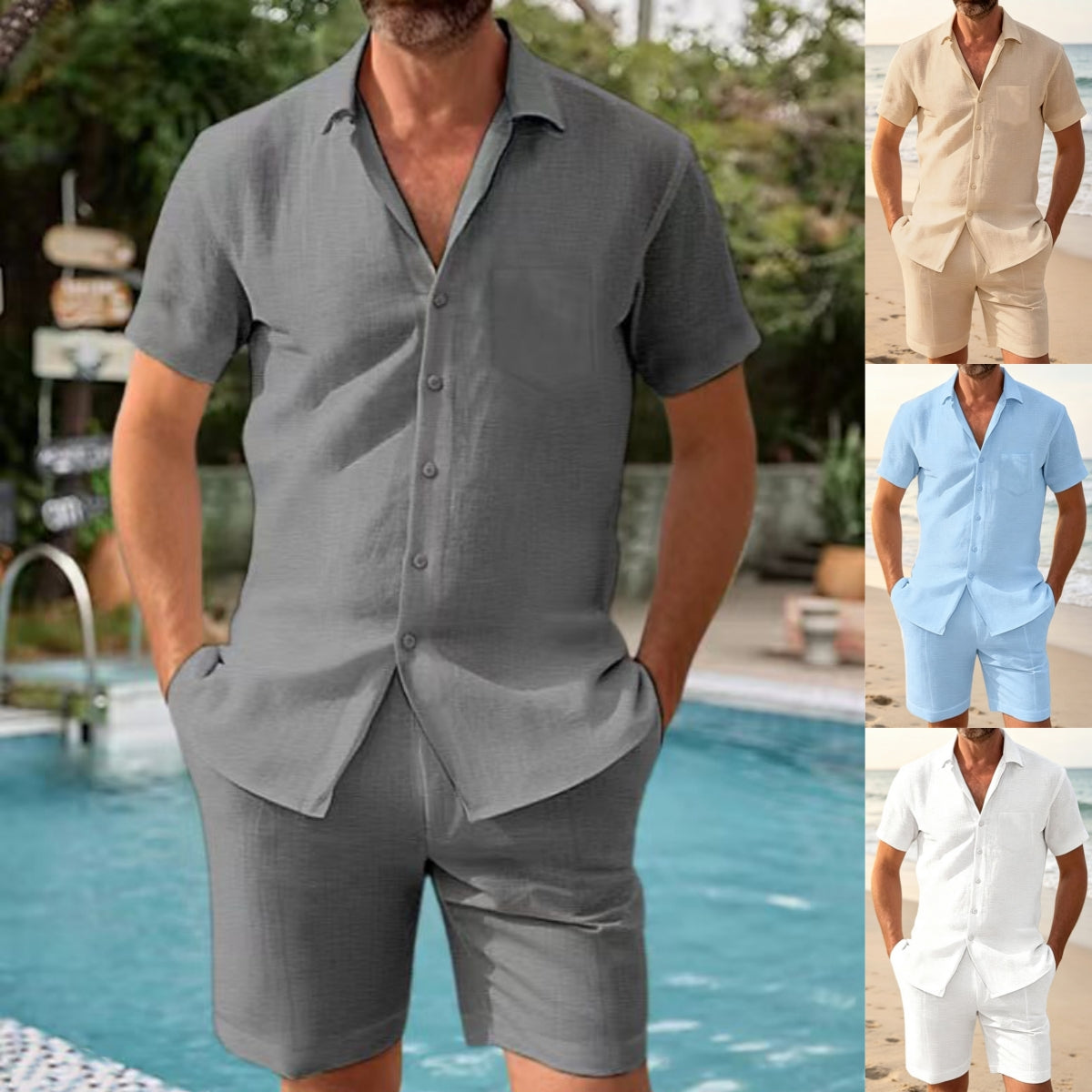 🔥Poslední den – sleva 50 %!【S–3XL】Letní pánský bavlněno-lněný set ve větších velikostech – košile s krátkým rukávem + dlouhé kalhoty, pohodlný a snadno kombinovatelný.