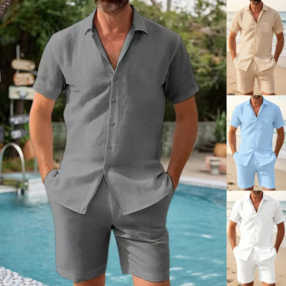 🔥Poslední den – sleva 50 %!【S–3XL】Letní pánský bavlněno-lněný set ve větších velikostech – košile s krátkým rukávem + dlouhé kalhoty, pohodlný a snadno kombinovatelný.
