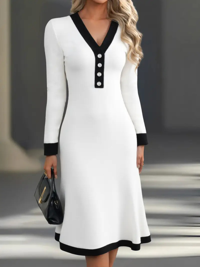 👗【S-3XL】Ženska jesensko-zimska haljina s kontrastnim V-izrezom