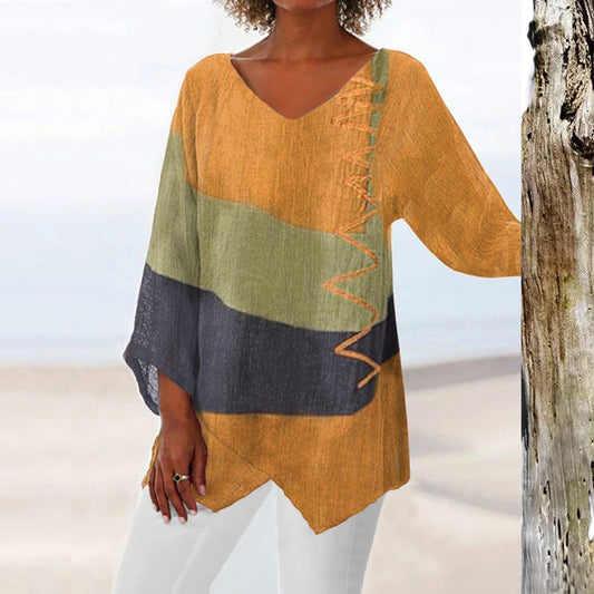 ⏳✨ Utolsó nap – 50% kedvezmény ✨【S~5XL】😍 Női elegáns hétköznapi felső: V-nyakú, hosszú ujjú, művészi mintás nyomat