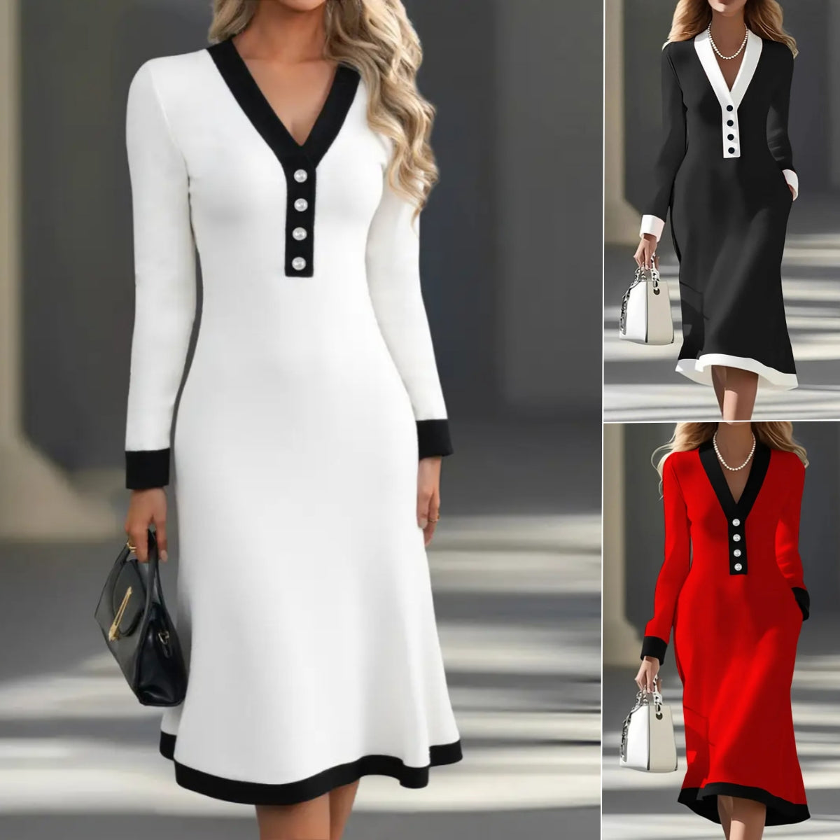 👗【S-3XL】Ženska jesensko-zimska haljina s kontrastnim V-izrezom