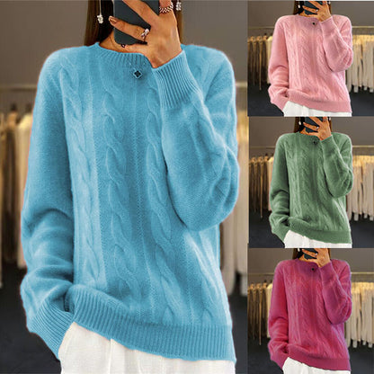 😍[S-XL] 2025 nuevo suéter de punto trenzado retro de color sólido con cuello redondo
