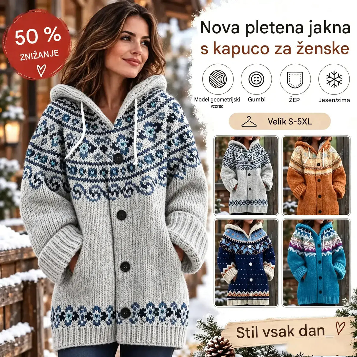 🔥Zadnji dan – 50 % popust🔥【S–5XL】✨Nova pisana pletena jakna s kapuco za jesen/zimo
